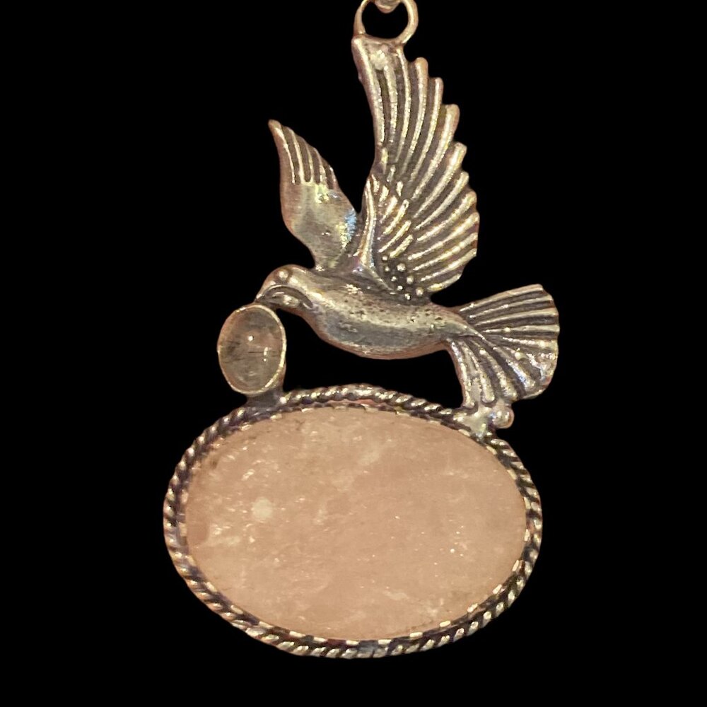 925 Silver Pendant with Oval Crystal Rose Quartz Gemstone, Bird. Amethyst